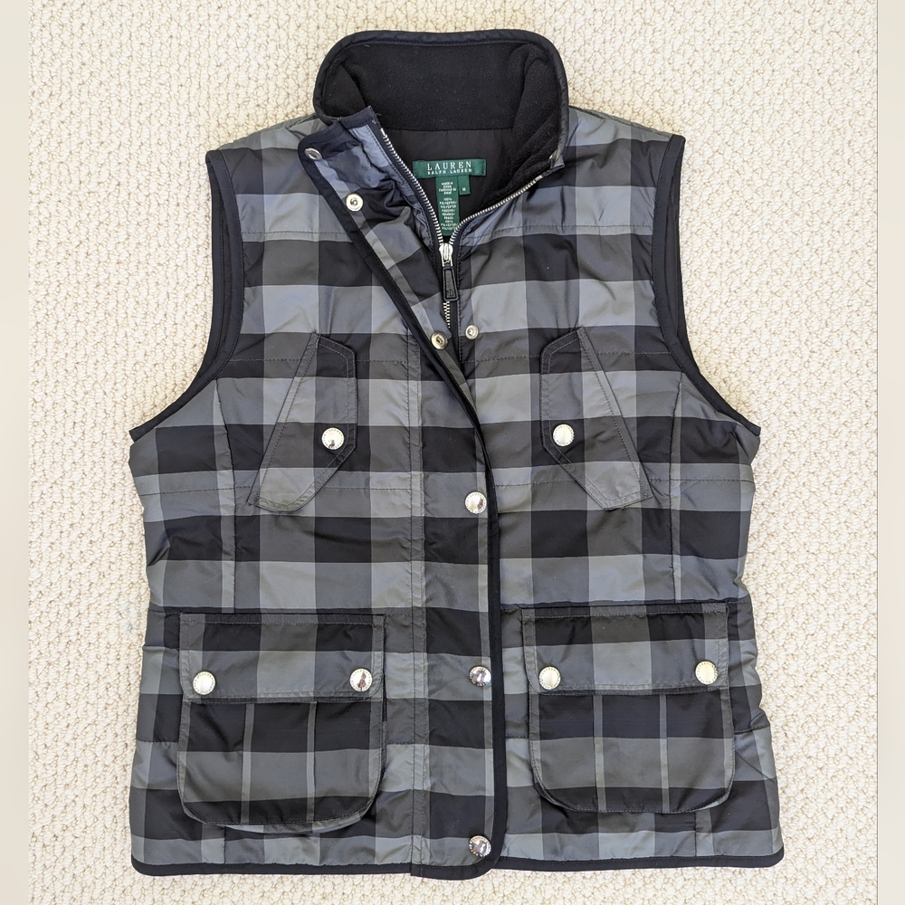 LRL Ralph Lauren Quilted Buffalo Check Plaid Vest WOMEN'S M Black Gray Full Zip